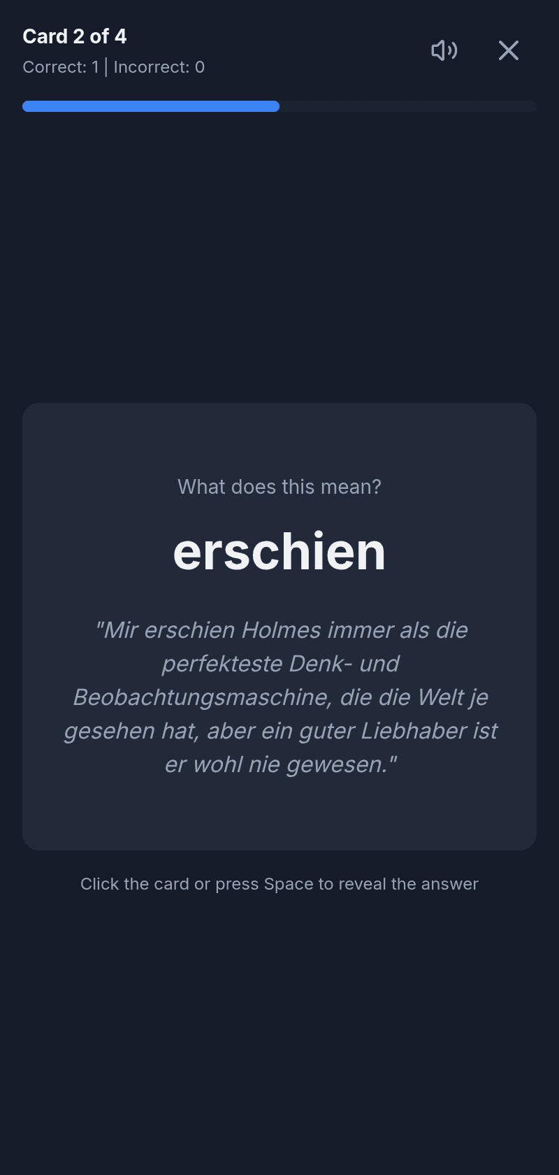A TroveReader flashcard asking what the German word erschien means, with the sentence it came from underneath and a prompt to tap the card to reveal the answer
