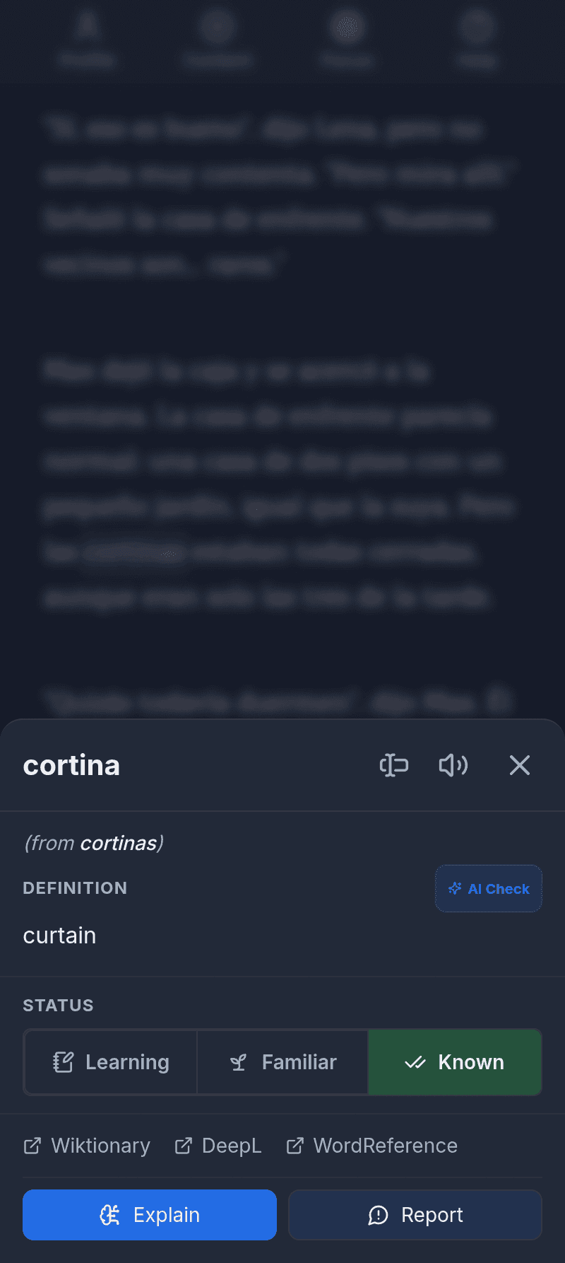TroveReader showing a transcript with a word popup open for the Spanish word cortina: its meaning, curtain, a Learning, Familiar or Known status selector, and links to Wiktionary, DeepL and WordReference