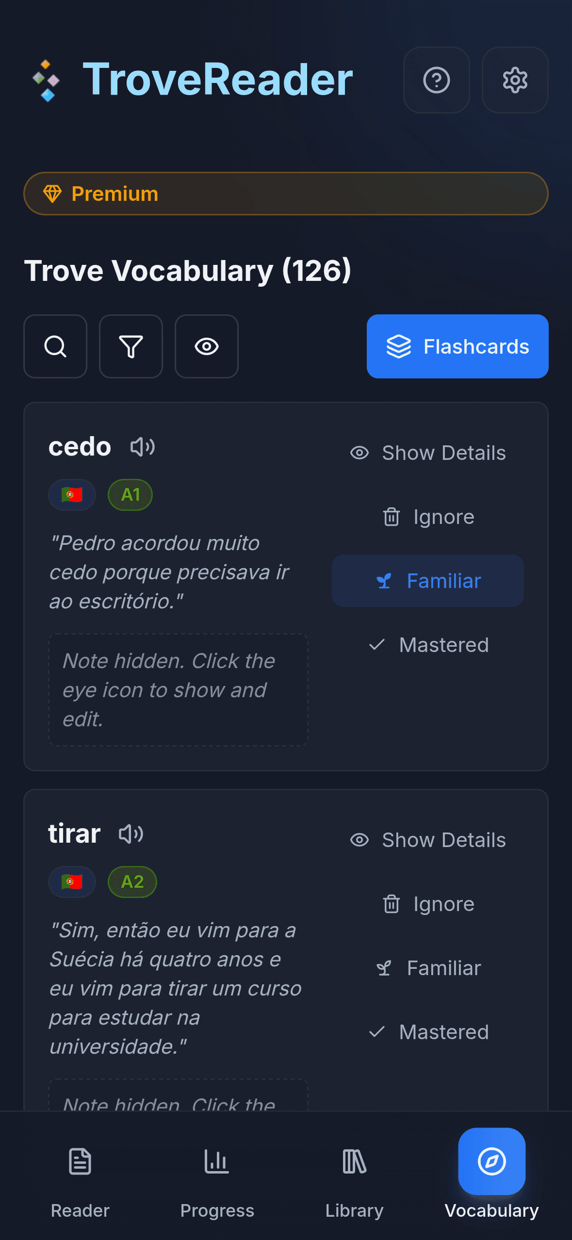 TroveReader word list showing saved Portuguese words